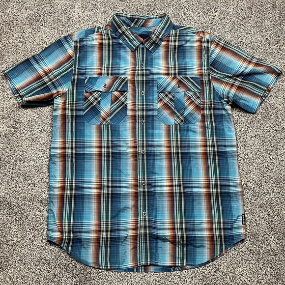 prAna Shirt Mens Large Blue Plaid Organic Cotton Button Up Short Sleeve Outdoor - Picture 1 of 12